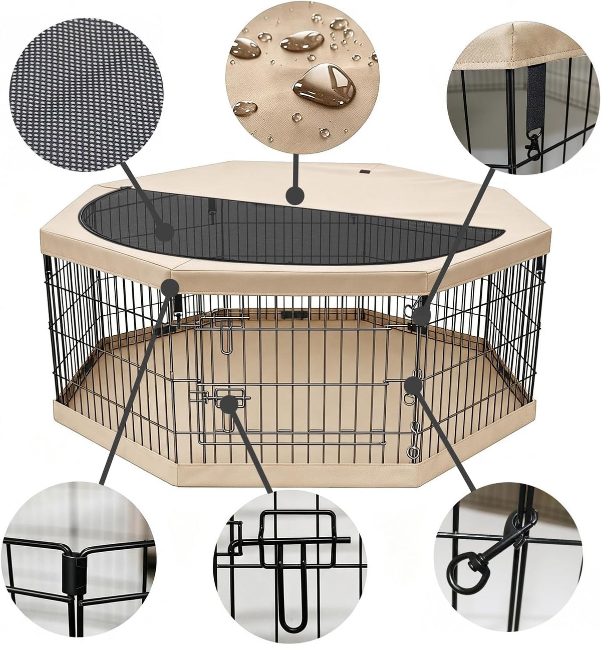 Foldable Metal Dog Exercise Pen/Pet Puppy Playpen Kennels Yard Fence - Tan / 24''H / Playpen+Bottom+Top Cover - image 2