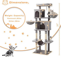 70-Inch Cat Tree,Large Cat Tree Tower with Hammock, Scratching Post, Condo and Multi-Level Cat Tower for Large Cats, Cat Activity Center Playhouse, Light Gray LCT016