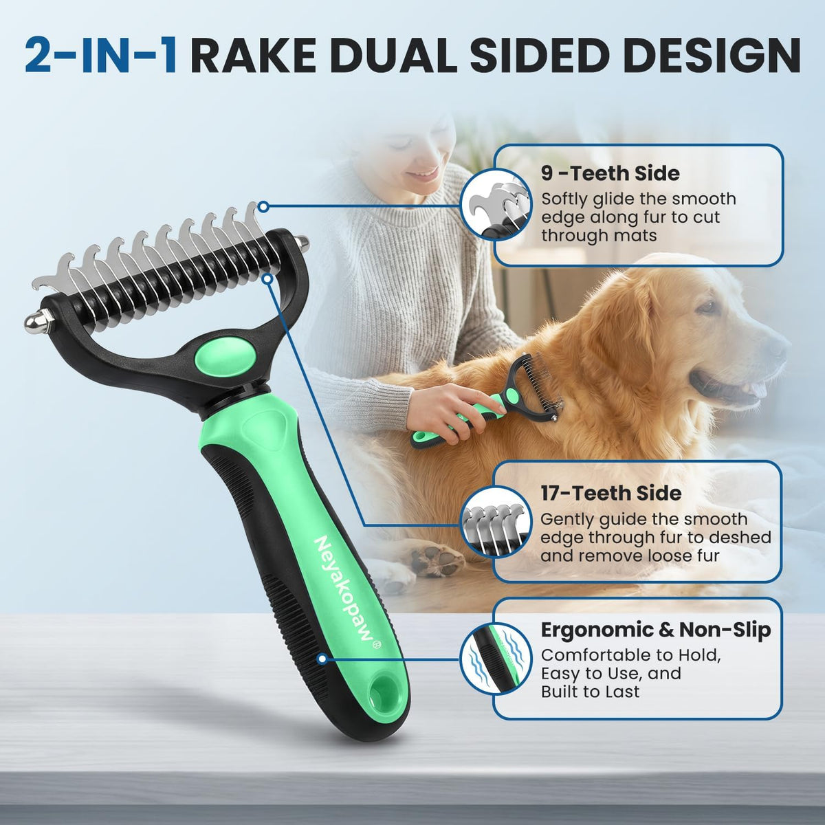 Dog Grooming Rake 4-in-1 Kit, Deshedding Undercoat Rake - Green Kit 4PCS - image 2