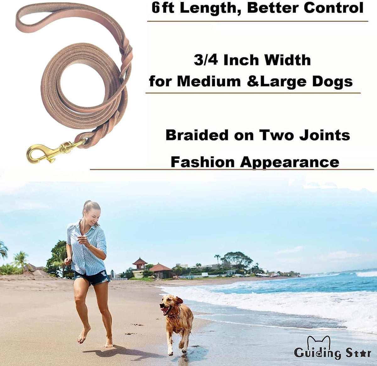 Guiding Star Leather Dog Leash 6ft x 3/4 inch Heavy Duty Training - Light Brown / 6ft x 3/4 inch - image 2