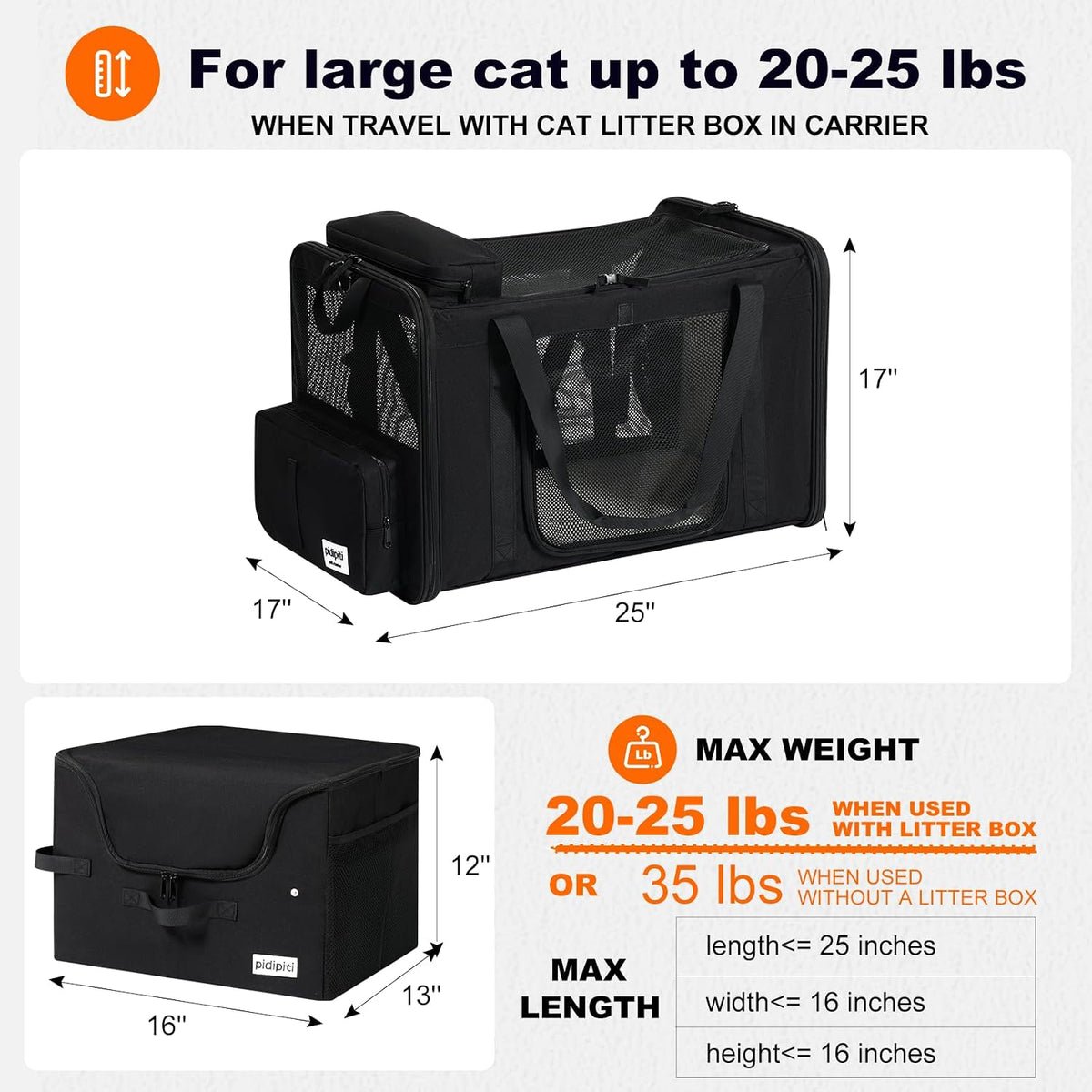 25x17x17 Extra Large Expandable car cat Carrier with a Litter Box – Essentials for Cats - 25.5"L x 17.0"W x 17.0"H / High side litter box - image 2