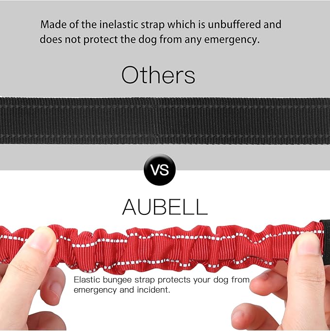 AUBELL Dog Seat Belt for Car,2 Pack Set 3-in-1 Adjustable Reflective Bungee Heavy Duty Dog Car Harness Tether with Clip Hook Latch & Buckle,Swivel Zinc Alloy Carabiner,Black+Red