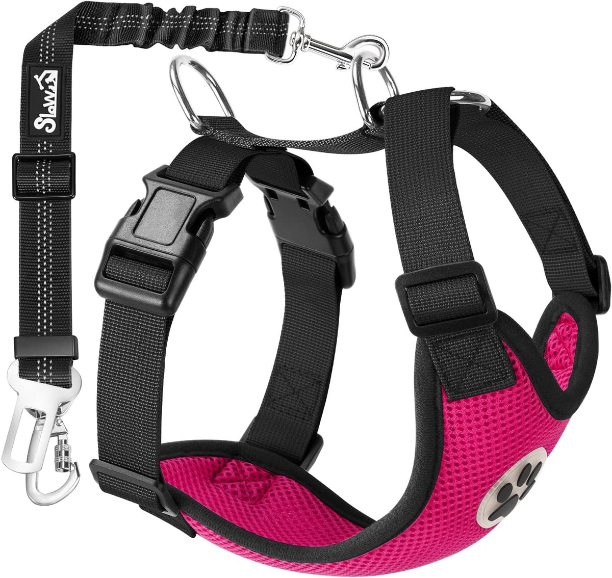 SlowTon Dog Seat Belt and Harness for Car, B M - Fuchsia / X-Small