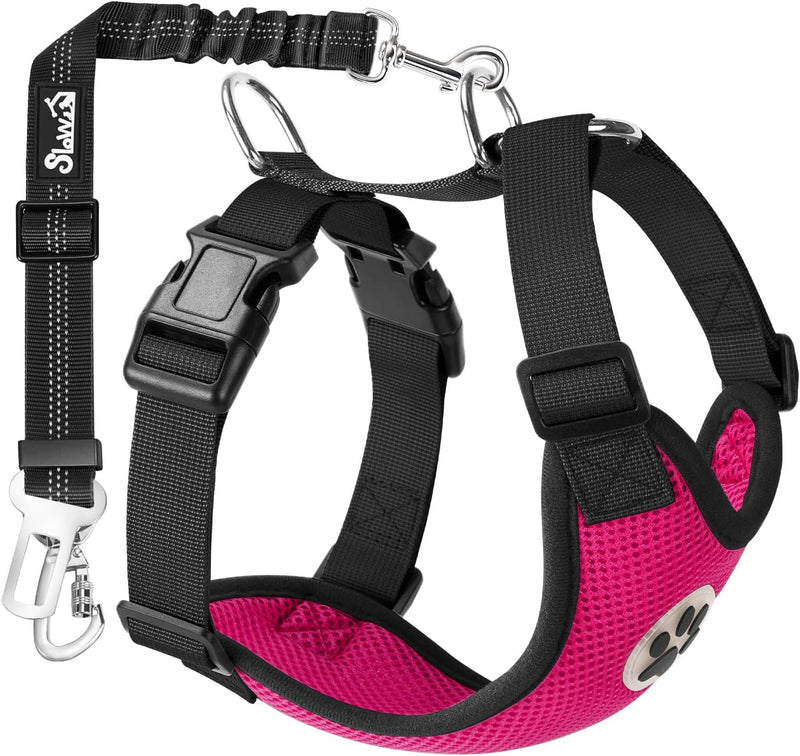SlowTon Dog Seat Belt and Harness for Car, B M - Fuchsia / X-Small