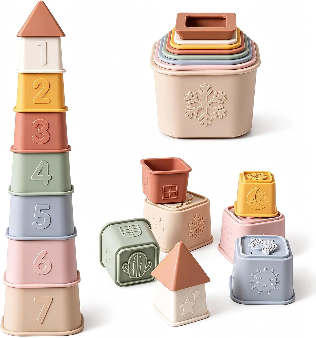 Baby Stacking Cups Toy, Silicone Stacking Tower Educational Baby Toys 6M+, Soft Teething Building - Gentle