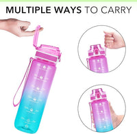 32oz Motivational Water Bottles with Time Marker & Fruit Strainer, Transparent Gradient Color Water Bottle with Times to Drink, Leakproof & BPA Free, Reusable Bottle with Strap (No Straw)