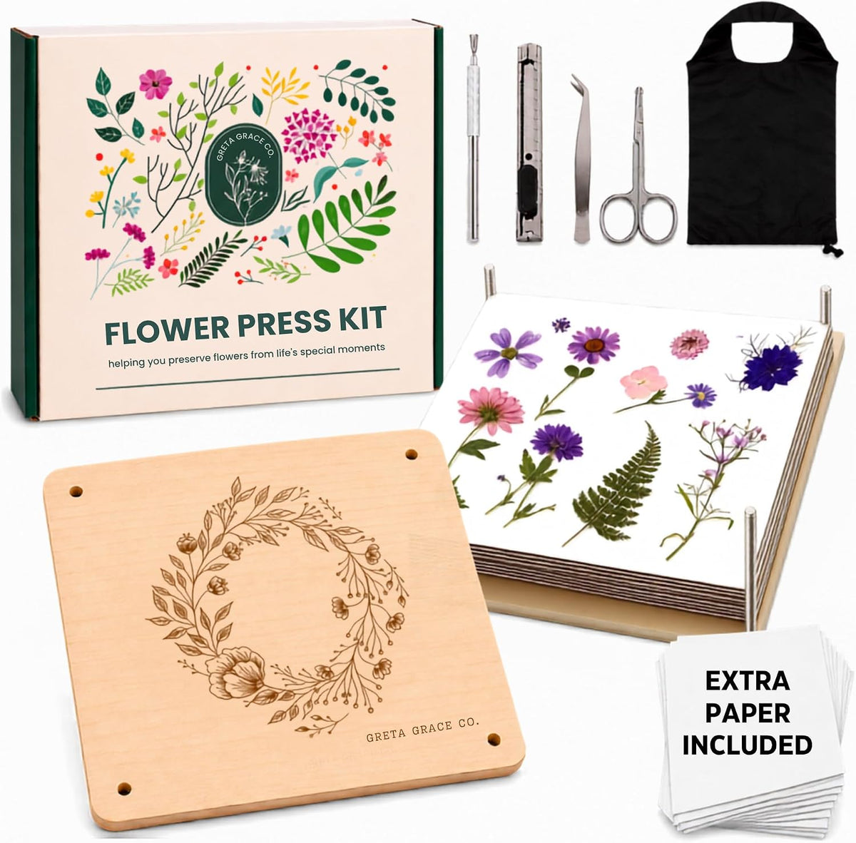 Greta Grace Co. extra large 11x11 wooden flower press kit with blotting papers and tools