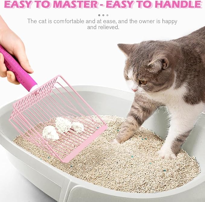 Cat Litter Scoop, 2-in-1 Detachable Ergonomic Handle, Metal, Bar Grid Shape with Suspendable Cord (Pink)