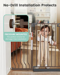 Mom's Choice-GROWNSY Baby Gate for Stairs, 29.5"-48.4" Pressure Mounted Baby Gate for Top of Stair&Doorway with V-Shaped Rods, Anti-Trip Pedal,Wide Stairs Dog Gate Easy Install w/Red Reminder,Brown