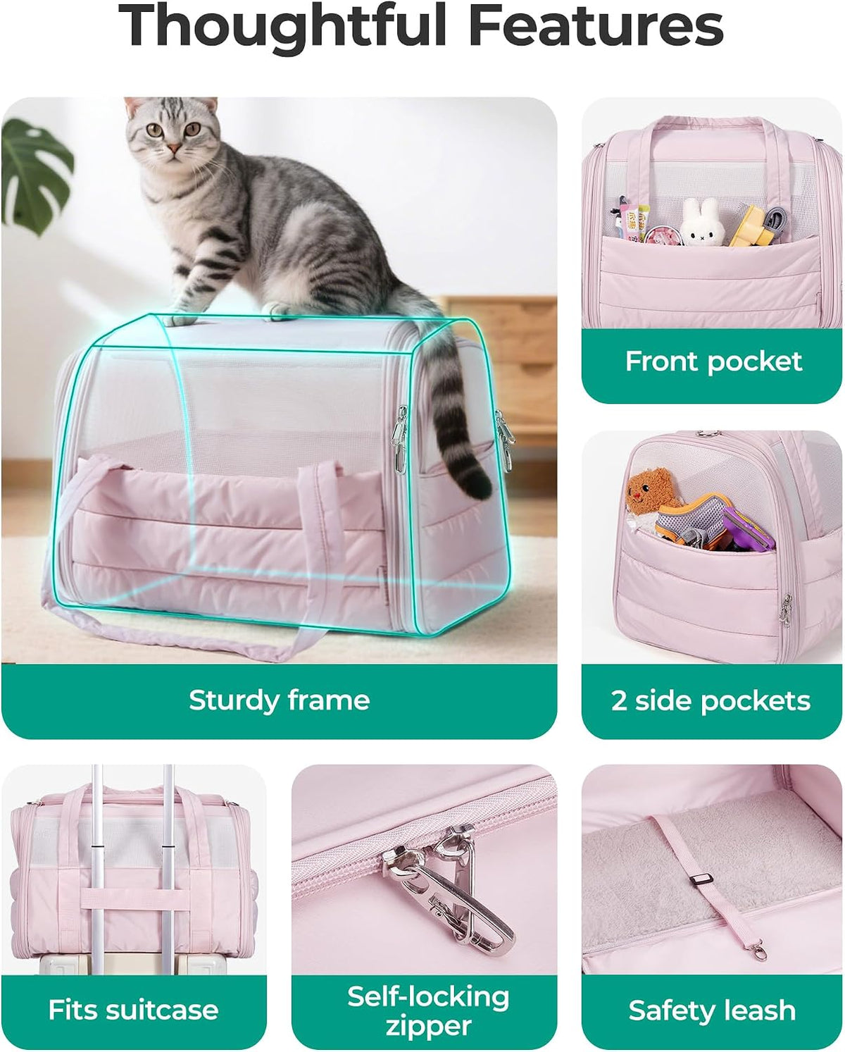 BAGSMART Cat Carrier Soft-Sided Puffy Quilted Collapsible Pet Travel - Black / 18.1"L x 11.0"W x 11.0"H - image 4