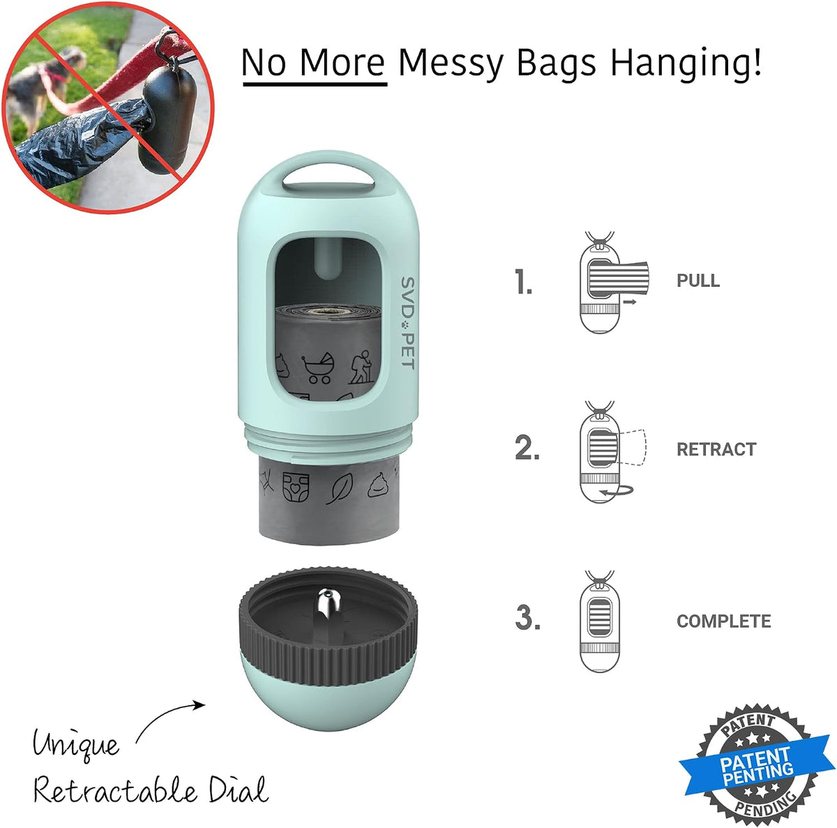 SVD.PET Dog Poop Bag Dispenser, Waste Bag Retractable, Black – Essentials for Dogs - 1-Pack -Misty Jade - image 2