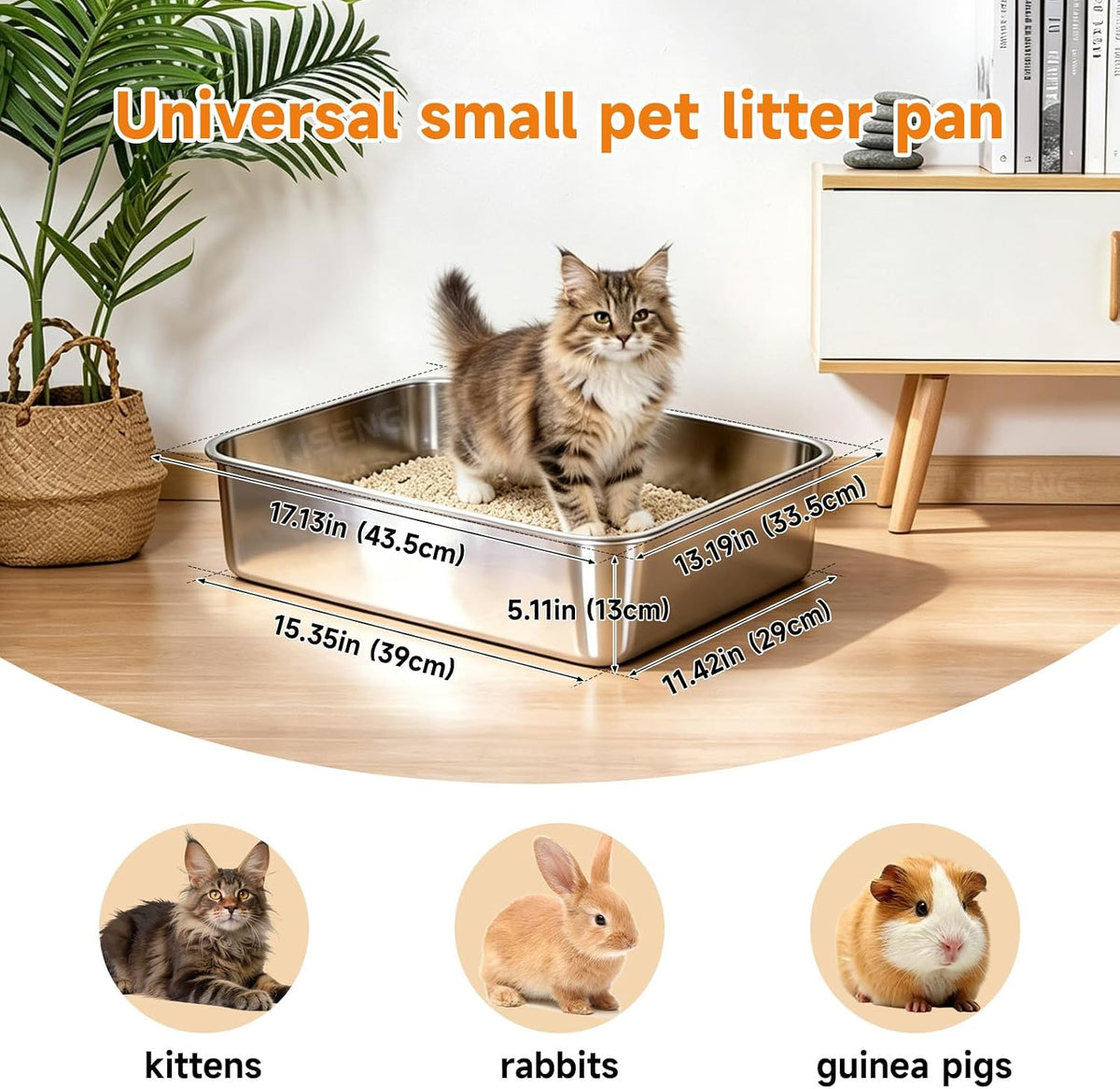 Stainless Steel Cat Litter Box Sturdy Metal Pan for Cats and Pets – Daily Care for Cats - 17.32L''×13.38''W×5.11''H - image 2