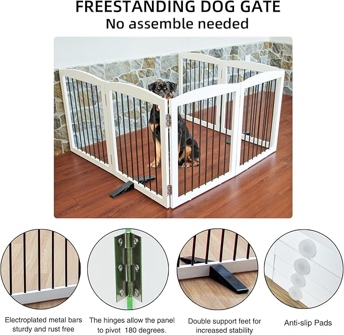 Freestanding Panel Dog Gate for Indoor Doorways, Stairs, or Hallways, Foldable Wooden Pet Gate, Support Feet Included, 24" Height-6 Panels, White