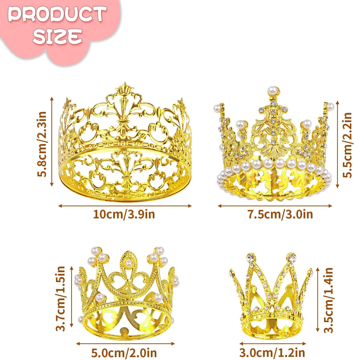 COIDEA gold crown cake toppers in four sizes with crystals and pearls - view 3