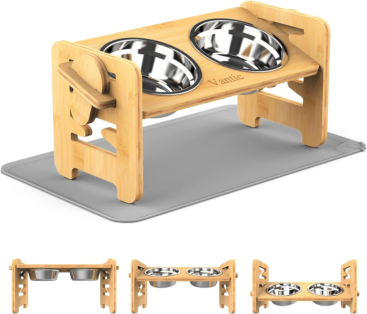 Elevated Dog Bowls, Raised Dog Bowl Stand Adjustable Small - Bamboo / Small / With Mat