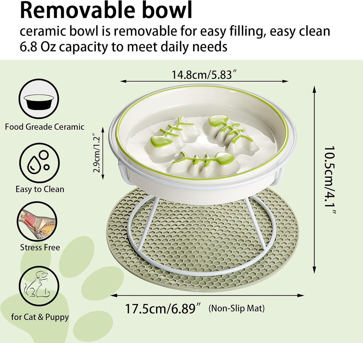 Ceramic Elevated Slow Feeder Cat Bowl, Anti Vomit - Green - image 2