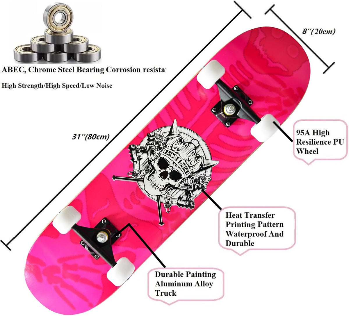 Skateboards for Beginners Kids Boys Girls and Adults, 31''x8'' - Pink Skull - image 3