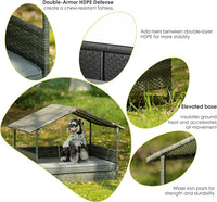 Wicker Dog House Outdoor Indoor with Canopy, Elevated Dog Shelter & Dog Bed with Light Gray Cushion, Water-Resistant Raised Pet House for Small Medium Dogs, Rattan Dog Cot for Deck, Patio, Yard, Pool