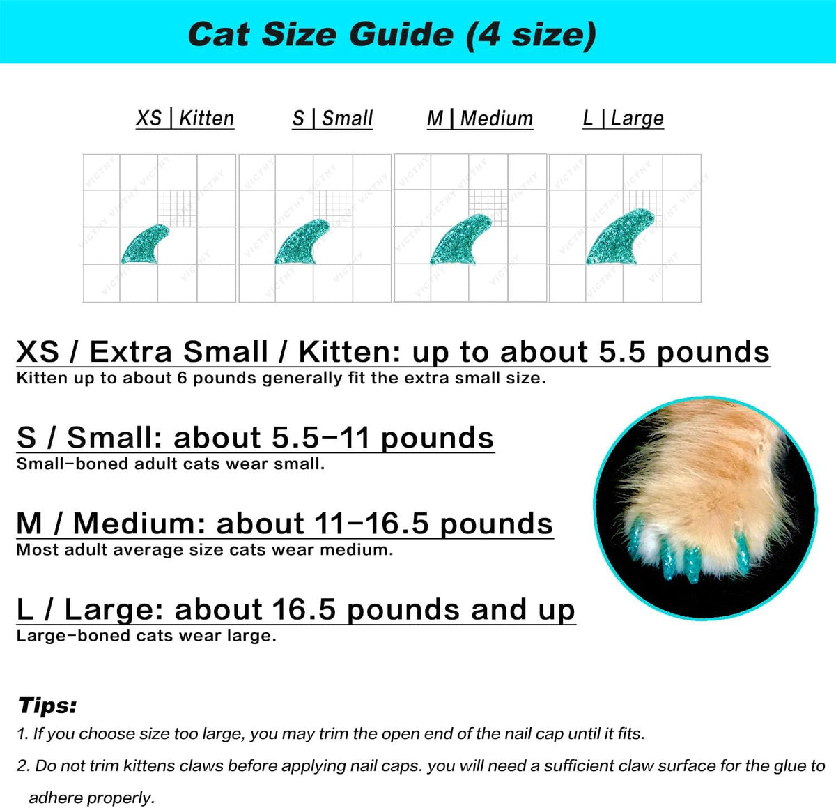 VICTHY 160pcs Cat Nail Caps Cat Claw Caps Cat Nail Covers - Extra Small - image 3