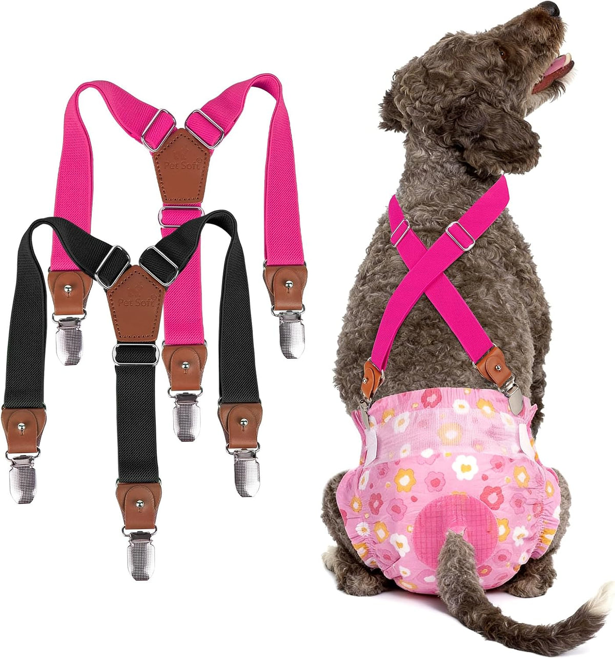 Pet Soft Dog Suspenders 2 Pieces Female Dog Diaper Suspenders - Black & Pink / Small/Medium