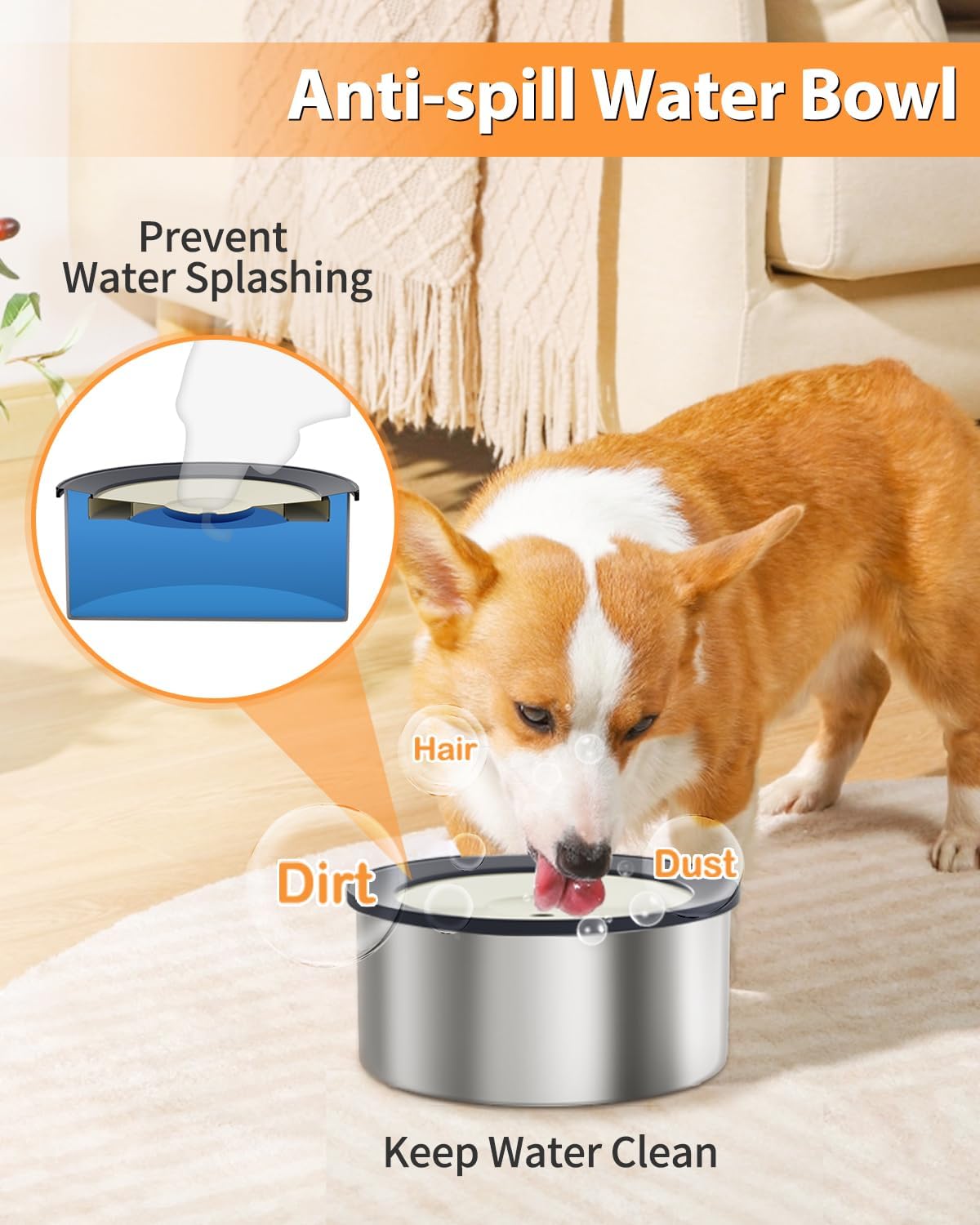 No Spill Dog Water Bowl, 1.5L Stainless Steel Slow Drinking Water Dish Dispenser, Spilling Drip - 2L - image 2