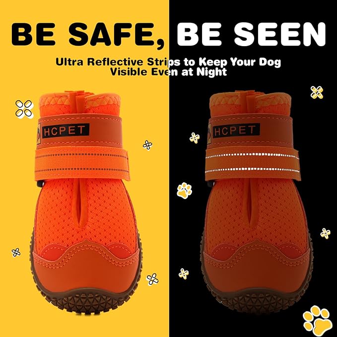 Hcpet Dog Shoes for Large Dogs, Breathable Dog Booties for Small Medium Dogs, Anti-Slip Dog Boots & Paw Protectors for Hot Pavement Winter Snow Hiking with Reflective Straps Orange Size 4