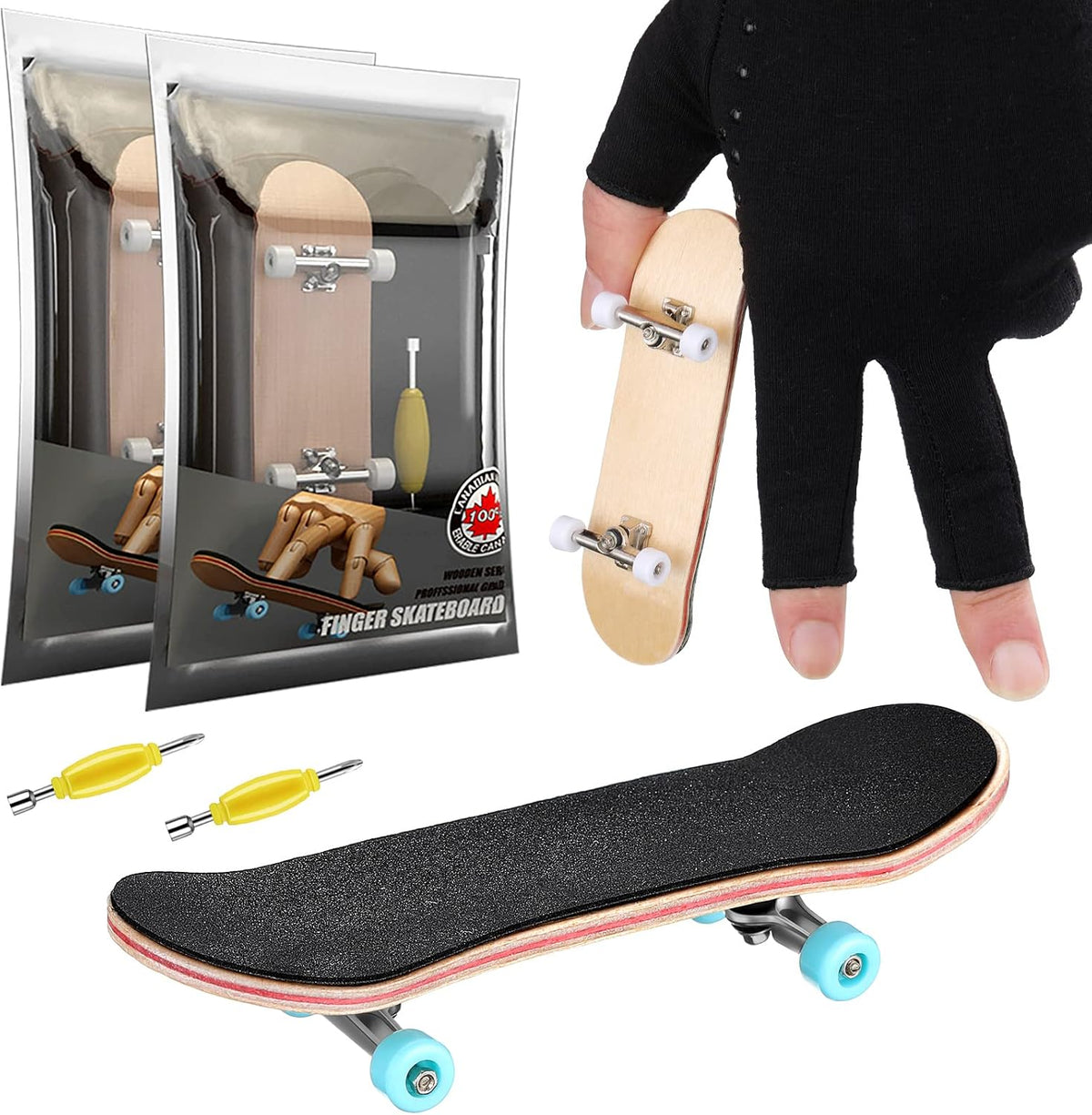 Charniol two mini wooden finger skateboards with wheels and screwdrivers