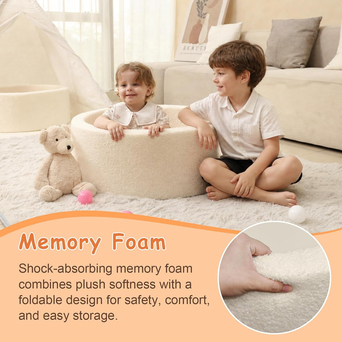 MEOGETY beige teddy fleece foam ball pit for toddlers with soft round walls - view 11