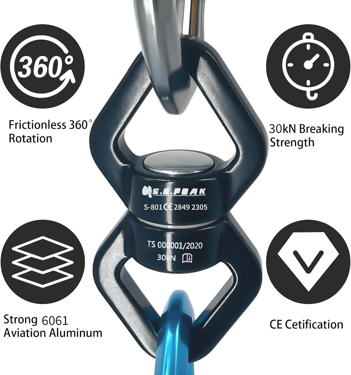 S.E.PEAK black anodized aluminum 35kN swing swivel with 360 degree rotation - view 24