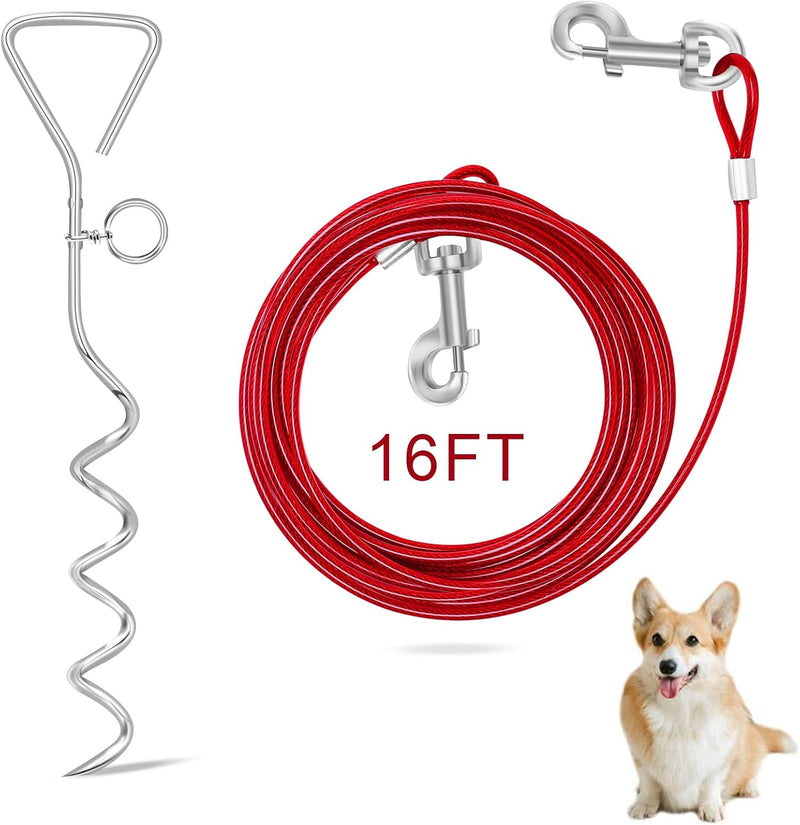 Relux Dog Tie Out Cable and Stake, Running, Hiking, Camping - red-16FT