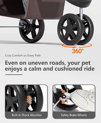 Pet Stroller with 3 Wheels for Small/Medium Pets, Portable Travel Foldable Carrier Jogger for Dog Cat Puppy Kitty, Rear Wheel Breaks, Storage Basket, Visible Mesh with Weather Cover (Coffee)