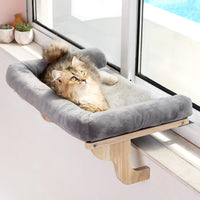 Zakkart Cat Perch for Windowsill with Bolsters – Essentials for Cats - Natural Color Wood with Gray Bed / 26.4''L x 15''W