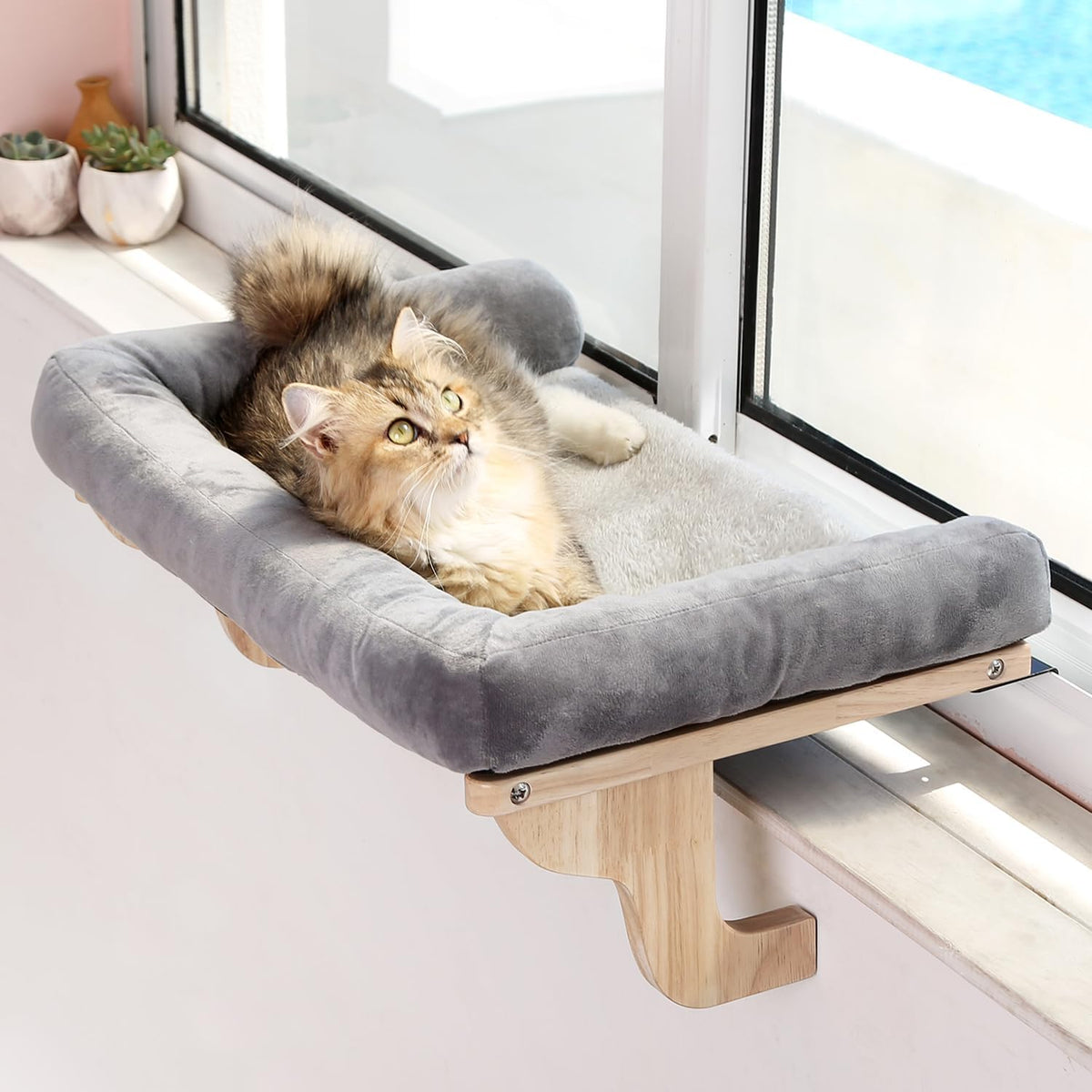 Zakkart Cat Perch for Windowsill with Bolsters – Essentials for Cats - Natural Color Wood with Gray Bed / 26.4''L x 15''W