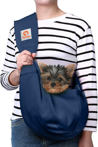 Tomkas Small Dog Sling Carrier, Classic Pocket & Classic Strap - Darkblue / M - Zip pocket & Adjust Strap