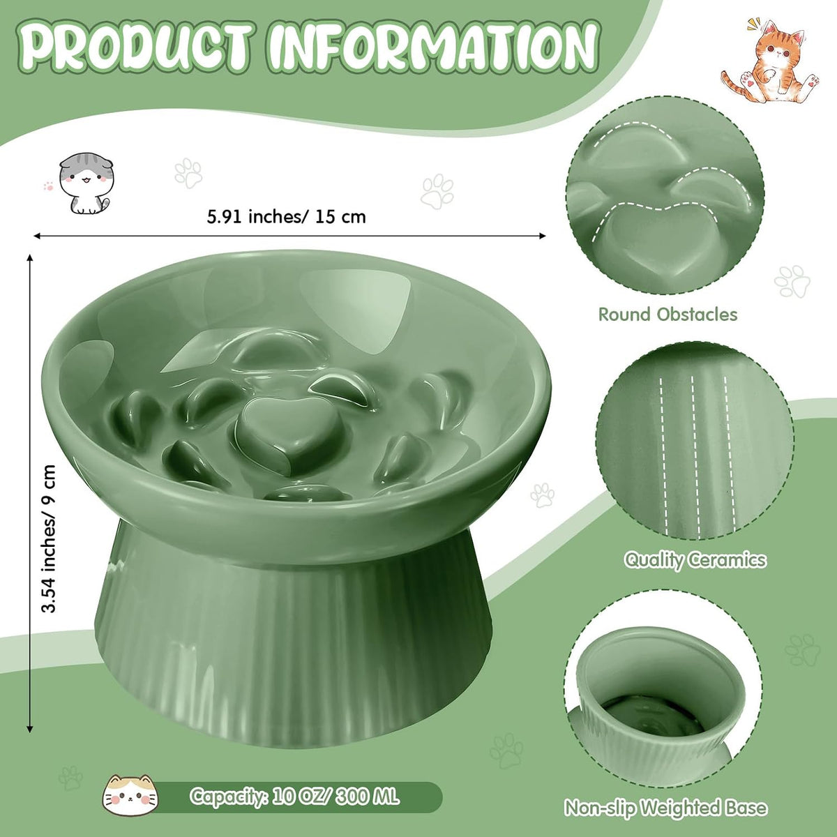 Tioncy 2 Pcs Ceramic Elevated Slow Feeder Cat Bowl - Sage Green / 1 - image 2
