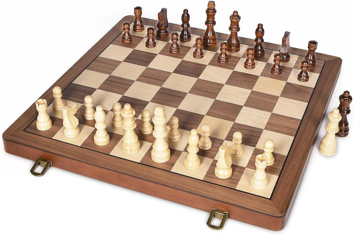ELONGDI 15 inch folding magnetic wooden chess set with walnut finish - view 3