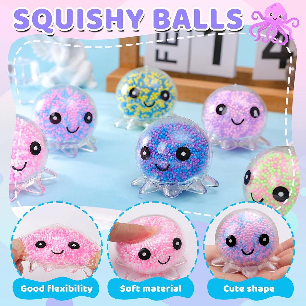 16 Pack Slow Rising Stress Balls，Textured Memory Soft Stress Ball – Fun for Kids & Family - 24 Pack Octopus Stress Balls - image 3