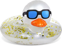 POZA inflatable duck pool float tube with gold confetti, sunglasses and orange beak - view 3