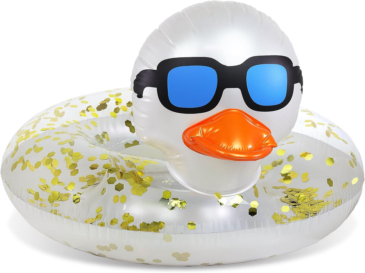 POZA inflatable duck pool float tube with gold confetti, sunglasses and orange beak - view 3