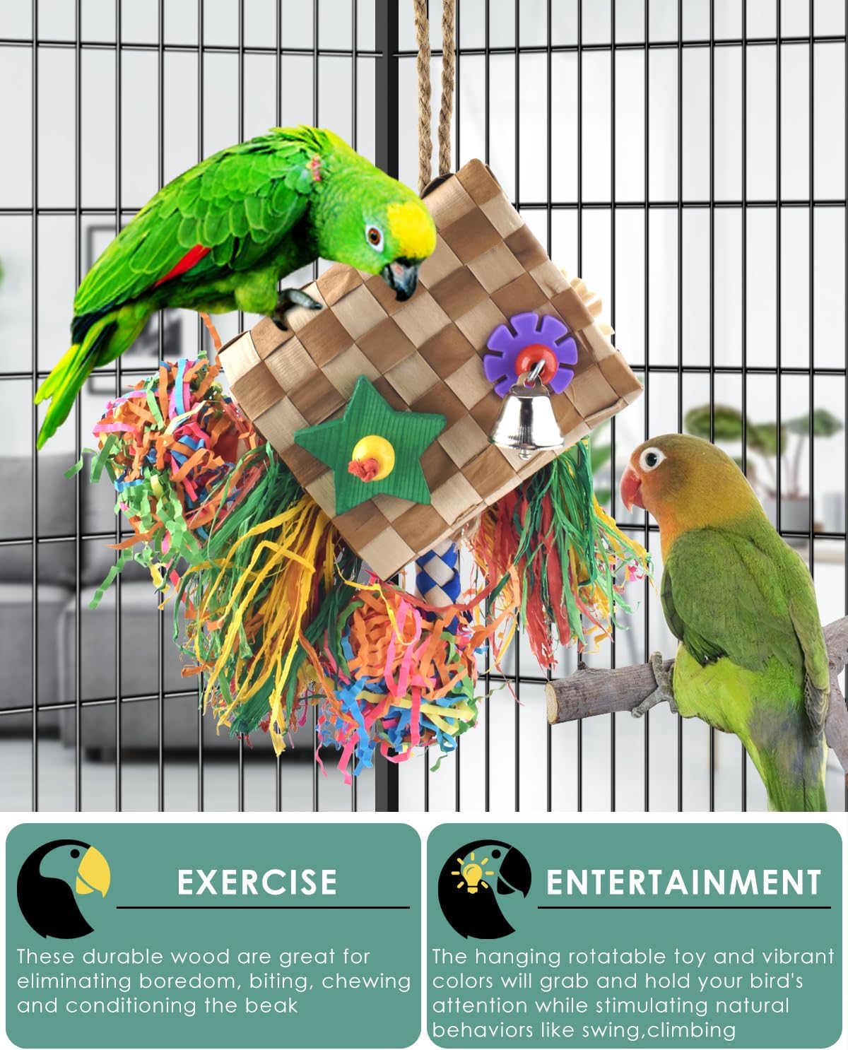 Bissap Bird Chew Toys, Parrot Foraging Shredder Natural Palm Frond Hanging Cage Toy for Conure - Flat Square - image 4