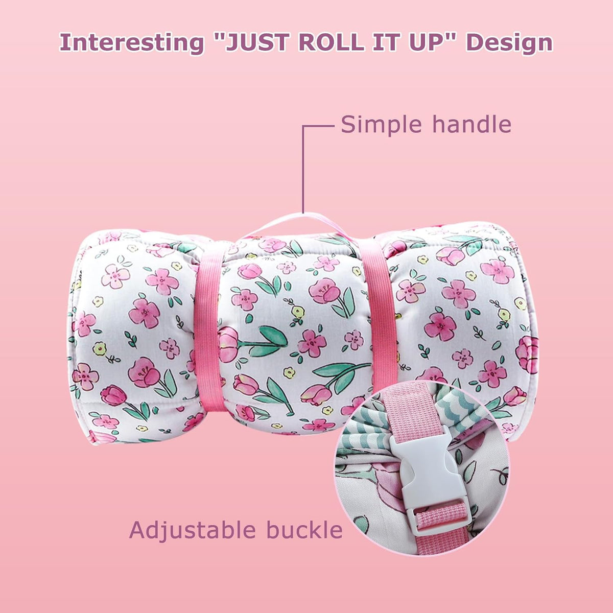 Toddler Nap Mat with Removable Pillow & Soft Blanket - Pink flowers - image 3