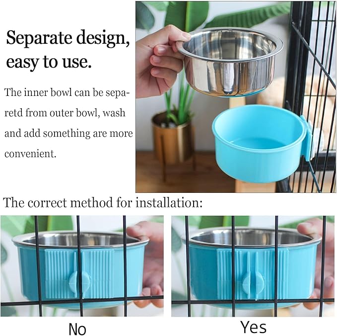 kathson Crate Dog Bowl, Removable Stainless Steel Hanging Pet Cage Bowl Food & Water Feeder Coop Cup for Cat, Puppy, Birds, Rats, Guinea Pigs 3pcs Large(Blue,Green,Pink)