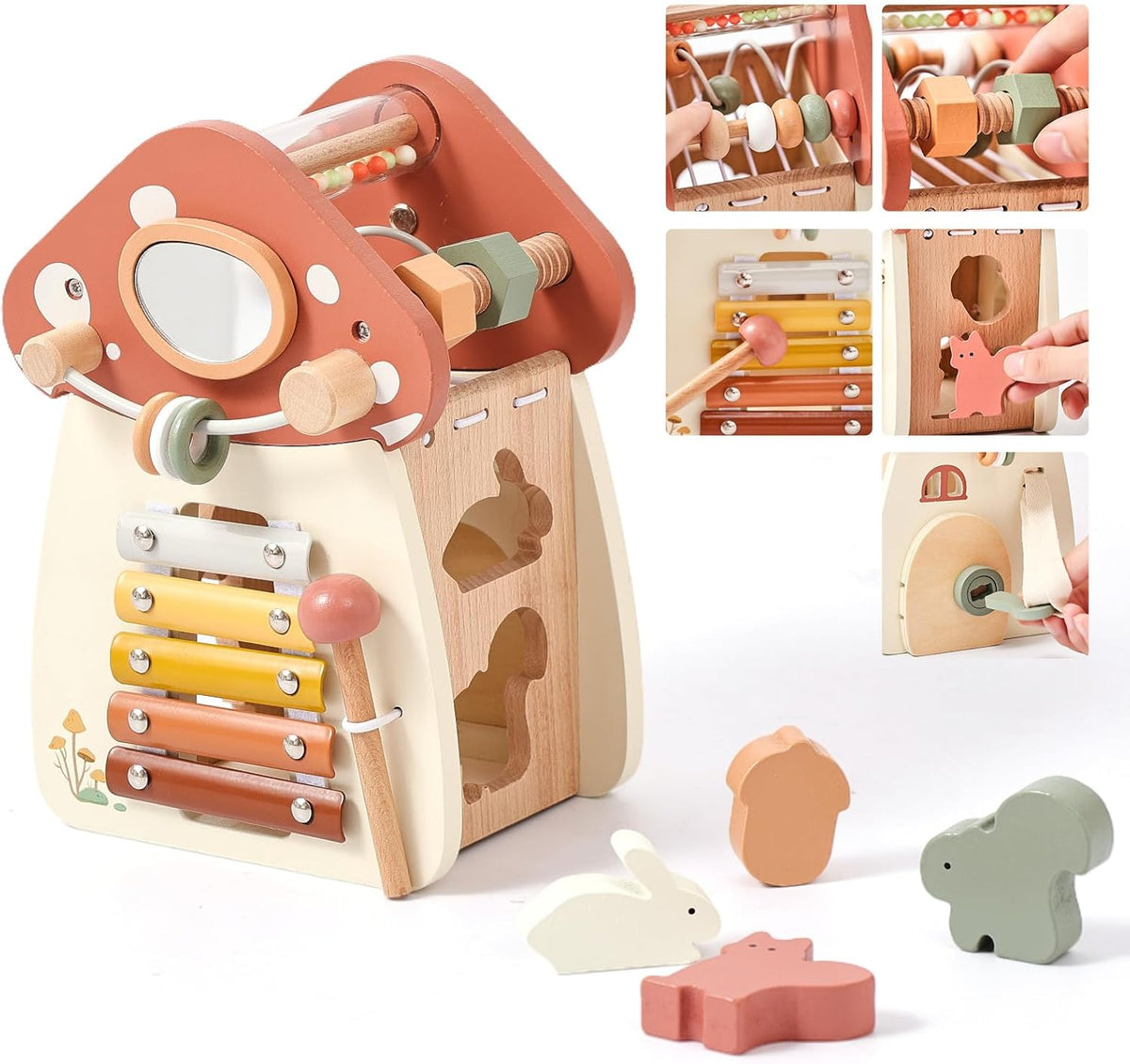 Youuys wooden activity cube, 11-in-1 Montessori toy in mushroom design