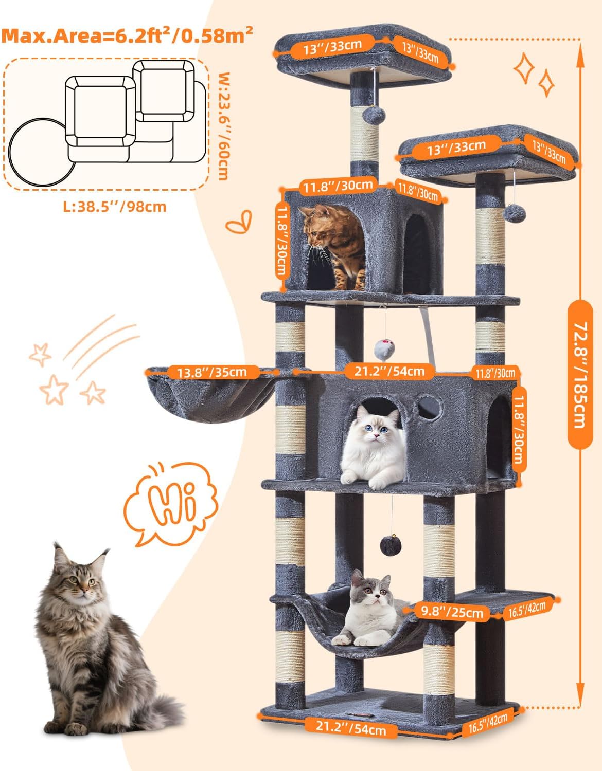Taoqimiao Cat Tree, 67 in Tall Cat Tower with 2 Plush Cat Condos – Essentials for Cats - 73 inches / Smoky Gray - image 2