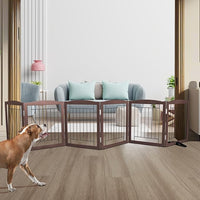 ZJSF Freestanding Dog Fence Indoor, Foldable Dog Gate for Doorways, Stairs or Hallways, Sturdy Wood Extra Wide Pet Gate with Support Feet for The House, Brown, 24 "Height-6 Panels