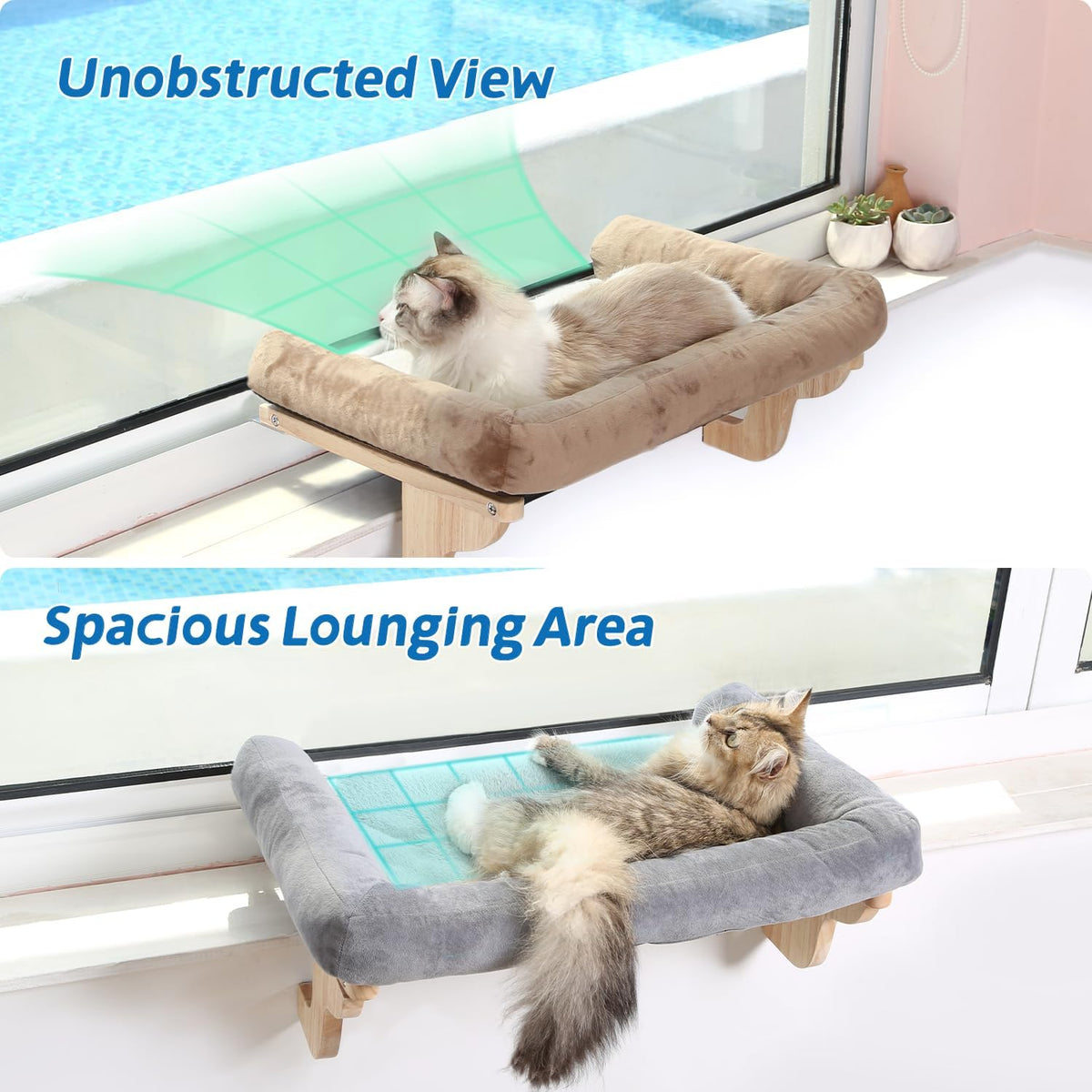 Zakkart Cat Perch for Windowsill with Bolsters – Essentials for Cats - Natural Color Wood with Gray Bed / 24''L x 15''W - image 2