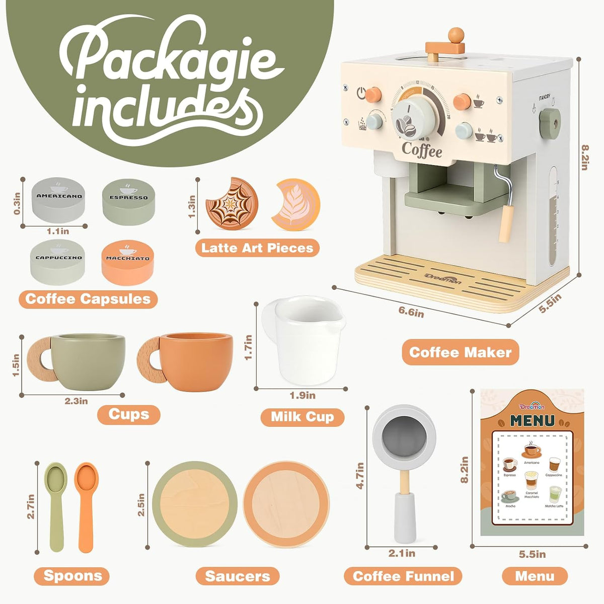 Dreamon wooden toy coffee maker set in green with cups, saucers and capsules - view 7