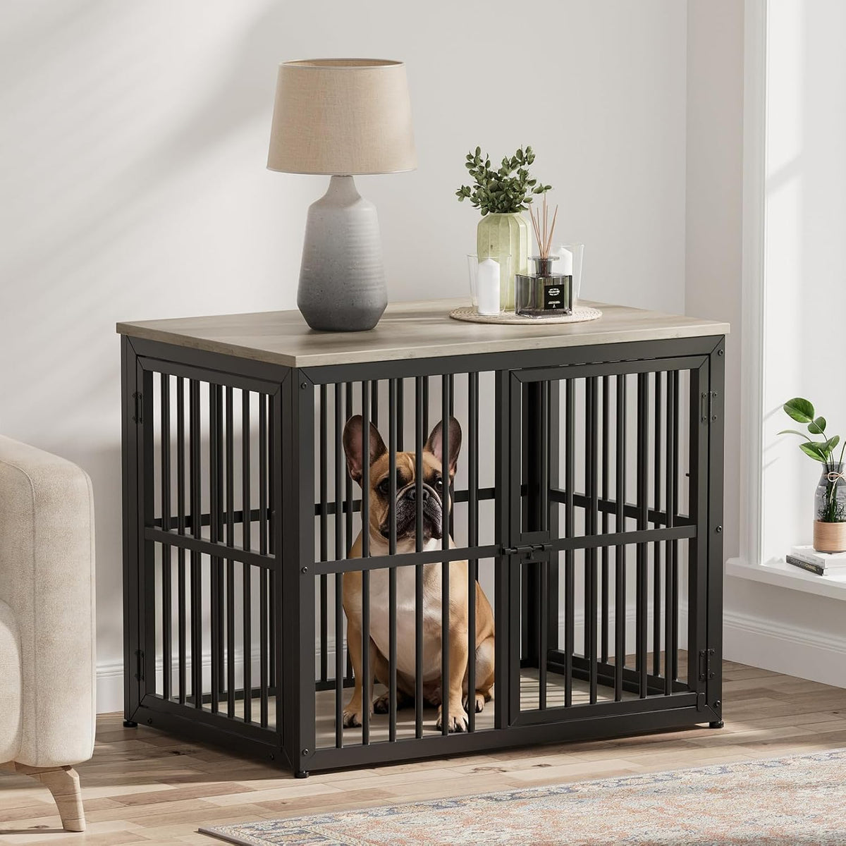 Lyromix 48'' XXL Dog Crate Furniture with 3 Doors for Large Dogs – Essentials for Dogs - Ancient gray / 33.1"L x 22.1"W x 26.0"H