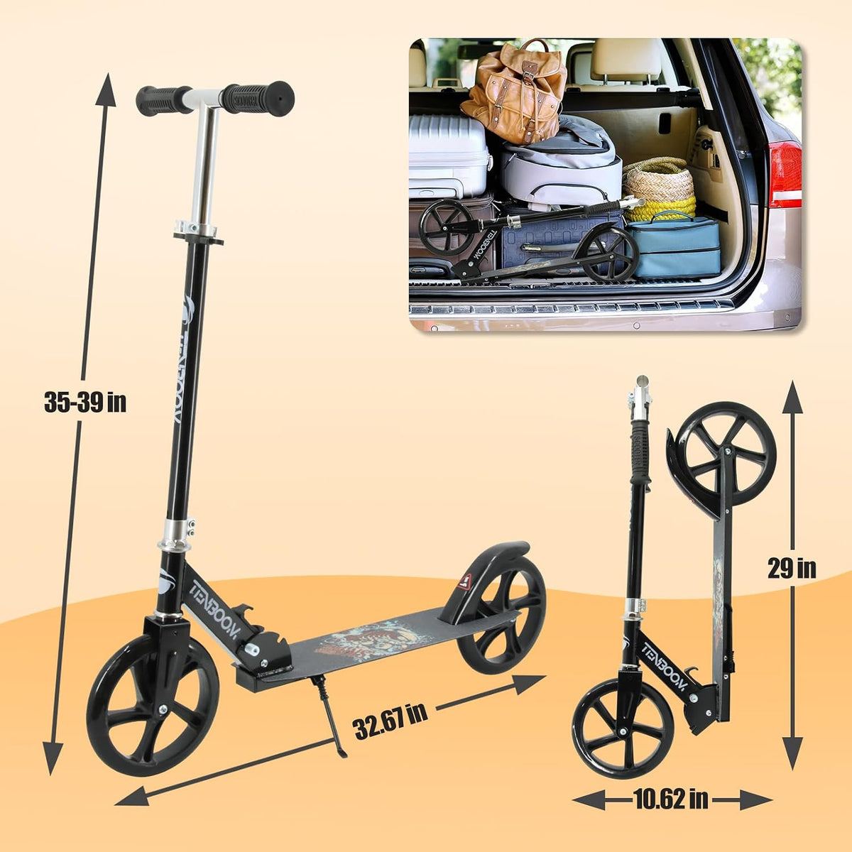 TENBOOM folding kick scooter with 8 inch wheels, rear brake and adjustable handlebar - view 4