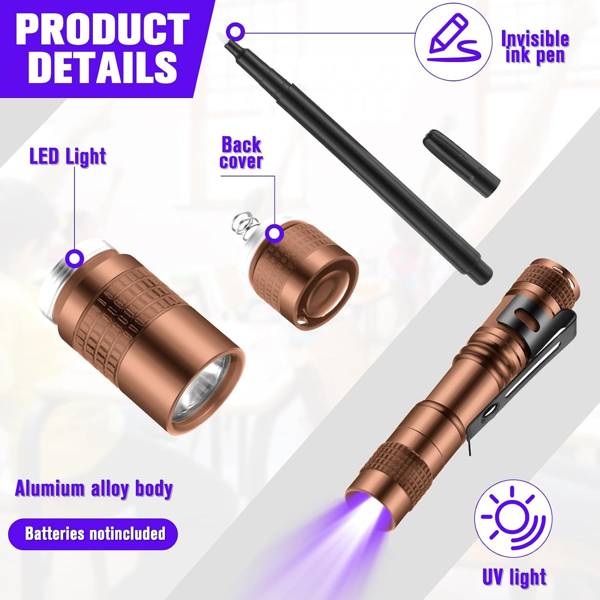 Tegeme 4 invisible ink pens with 4 mini UV marker flashlights in black - view 9